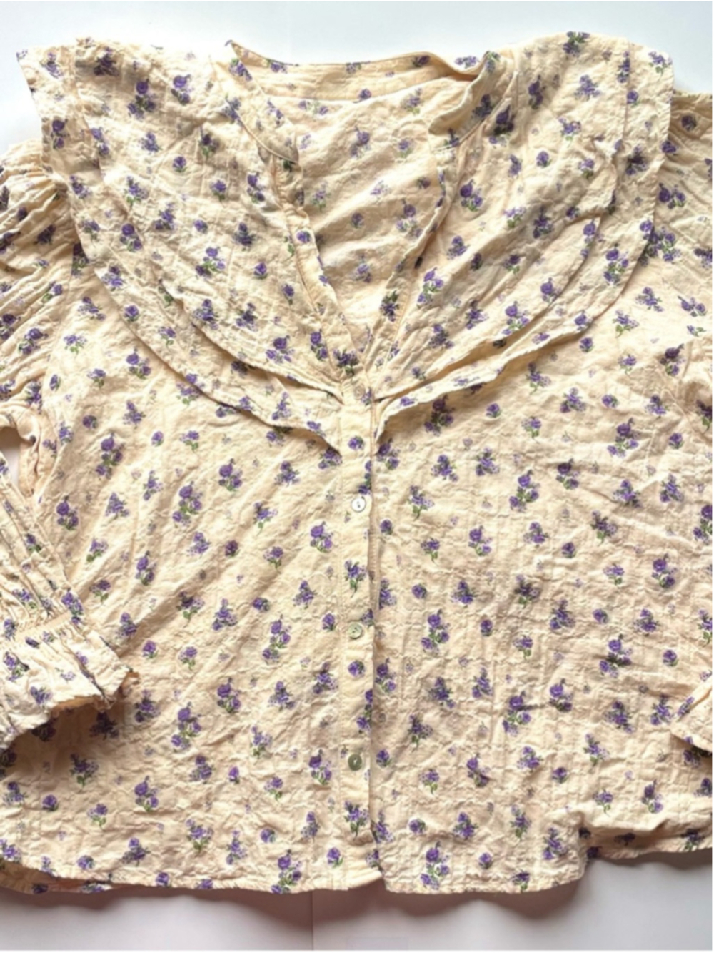 zara Romantic Floral Ruffle Collar Blouse Cream Purple Vintage Inspired - Picture 10 of 11